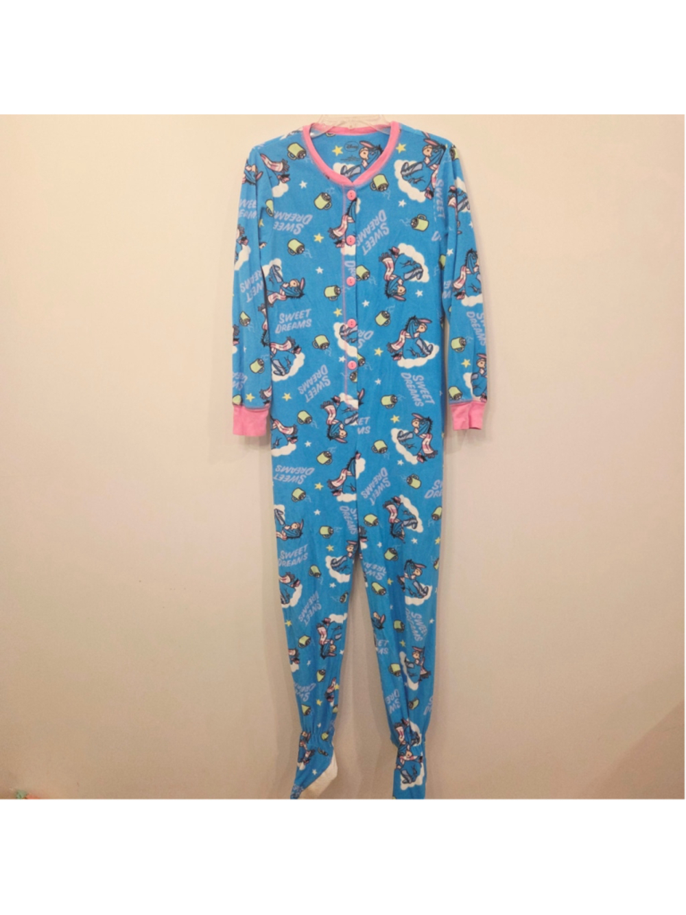 Women's Disney Eeyore 'sweet dreams' footed Pajamas Size M Blue Pink